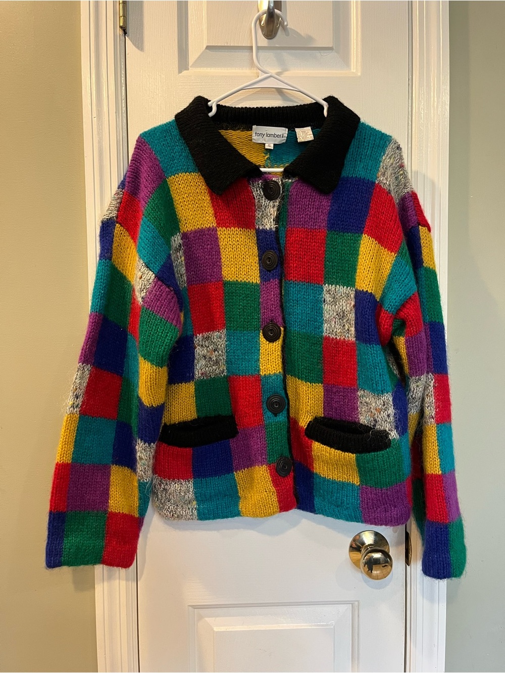 VTG Tony Lambert Wool Blend Cardigan Sweater S Primary Colorblock b5